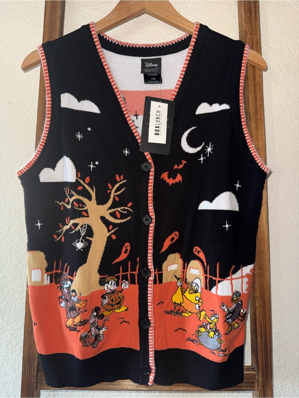 BoxLunch Disney Embroidered Halloween Knit Vest feat costumed Mickey and Friends